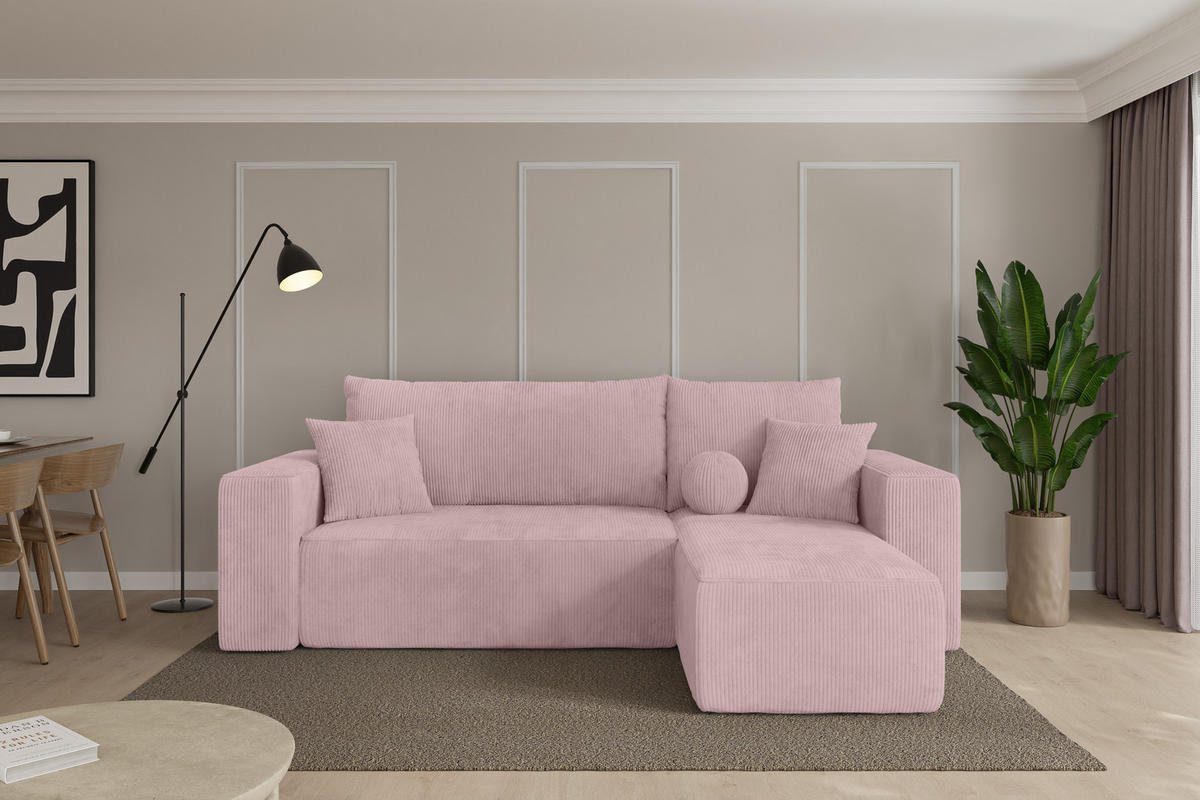 ROHOVÁ SEDAČKA s funkcí spaní, otoman vpravo SENO-L 249x139x85 růžová manšestr - růžová/černá, kompozitní dřevo/textil (249/139cm) - ALTDECOR