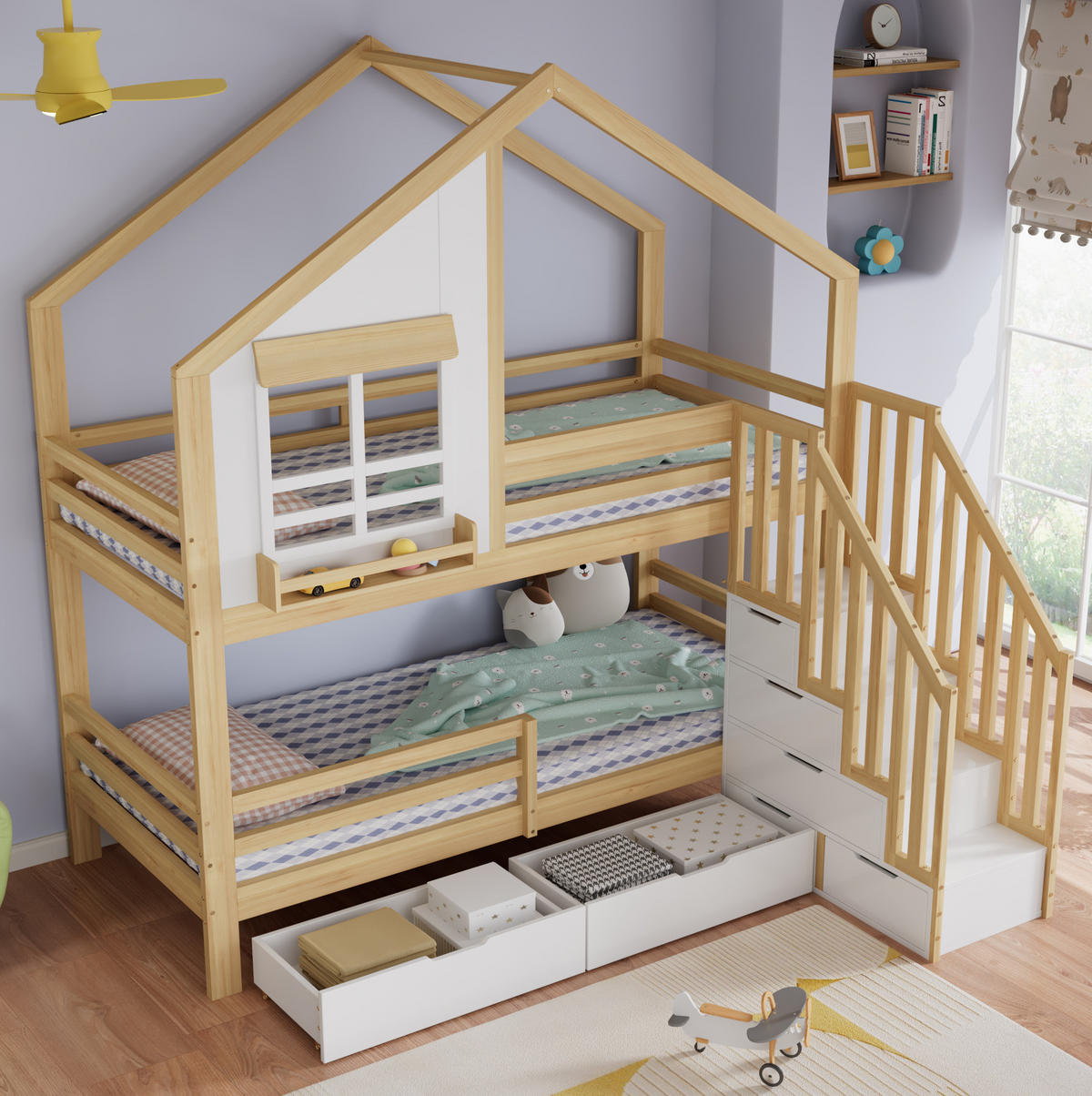 ETAGENBETT mit Stauraumtreppe und Rollschubladen 90x200 cm Weiß/Natur - Weiß, Holzwerkstoff (90/200cm) - Beauniv