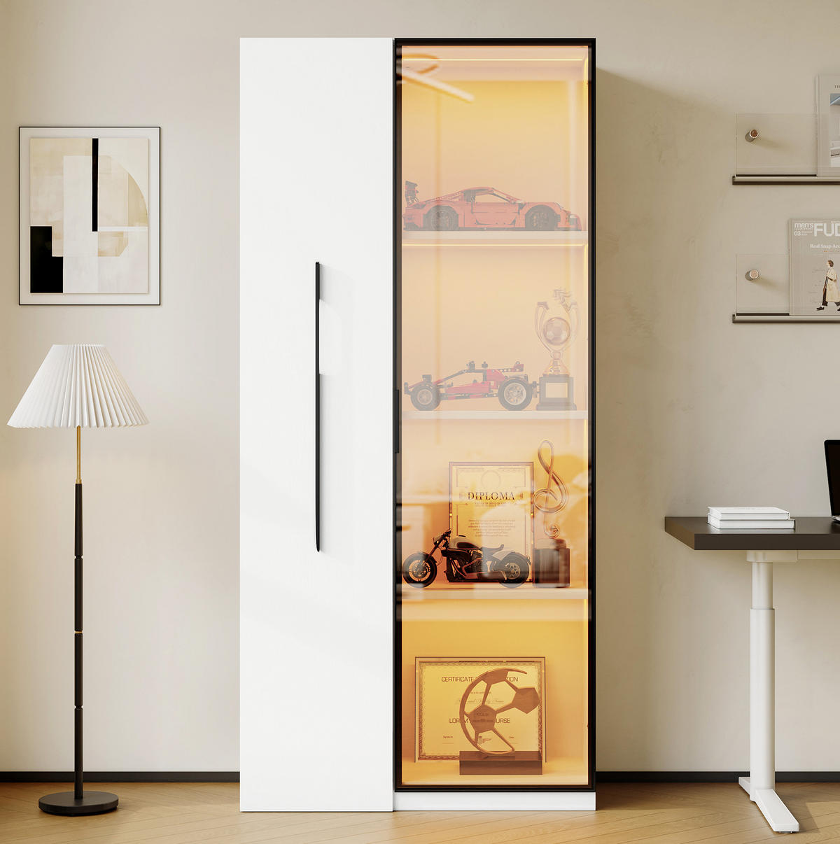 VITRINA 70/40/160 cm bijela od MDF-a s LED osvjetljenjem i izvlačnim policama - bijela, drvni materijal (70/160/40cm) - BEAOK