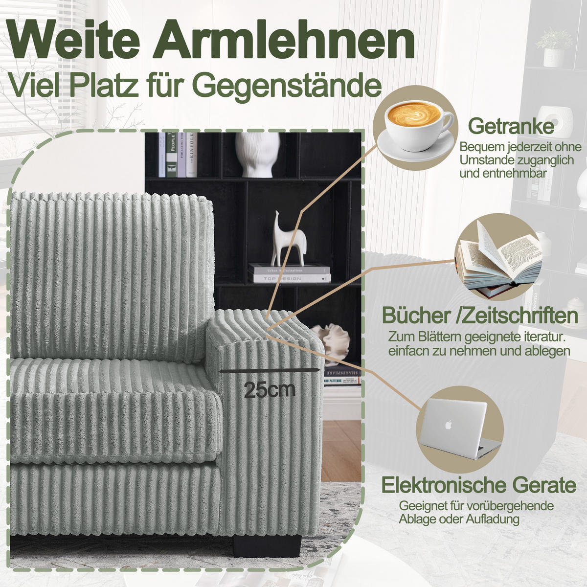 ECKSOFA 256.5/133.5/89 cm Grau Cord mit 2 Kissen und ovaler Fußhocker - Grau, Textil (133.5/89/256.5cm) - Oxeza