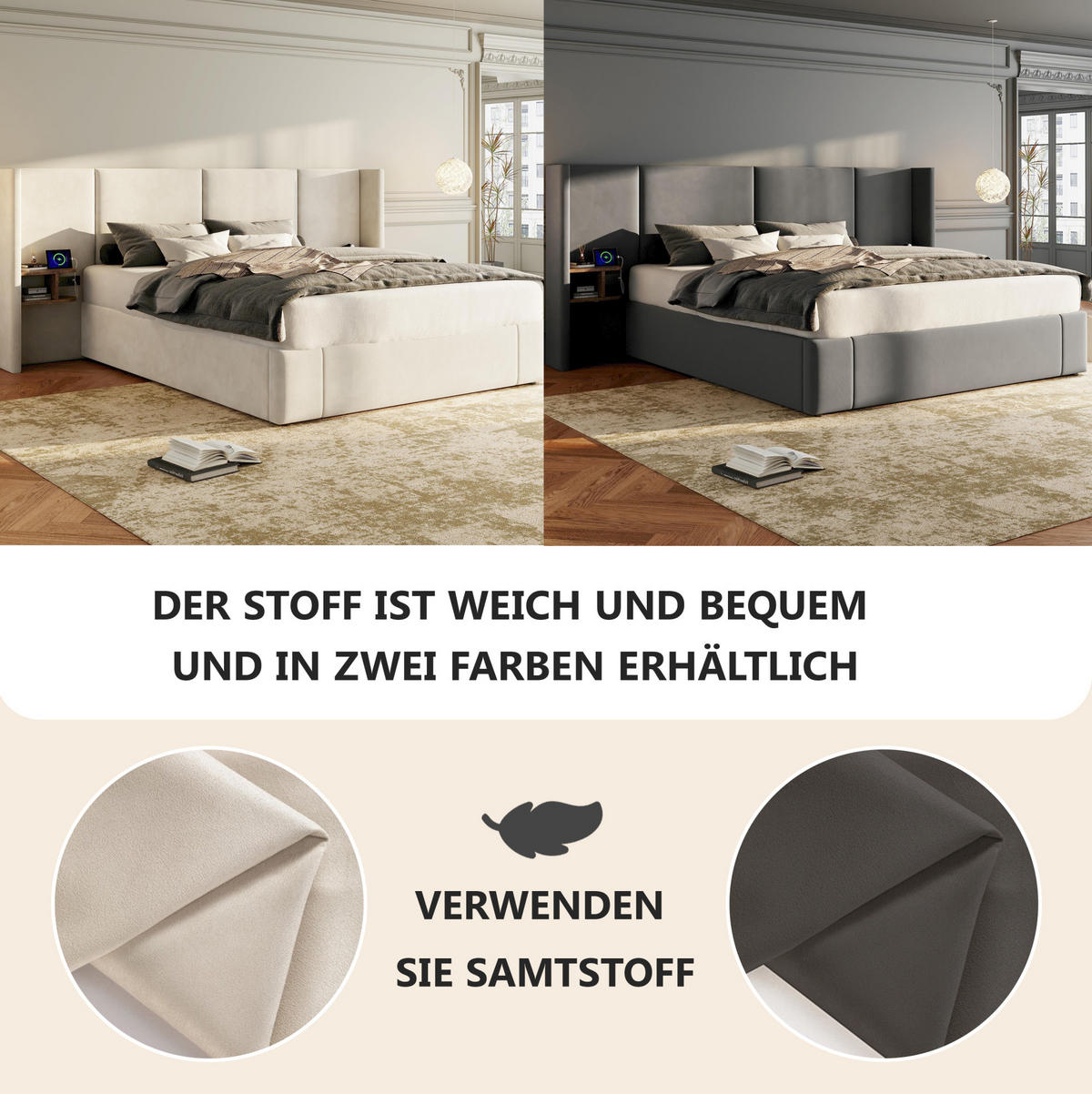 POLSTERBETT 160/200 cm mit USB-A, USB-C, Steckdosen, hydraulischem Stauraum und 2 Nachttischen aus Samt, Beige - Beige, Textil (160/200cm) - Redom