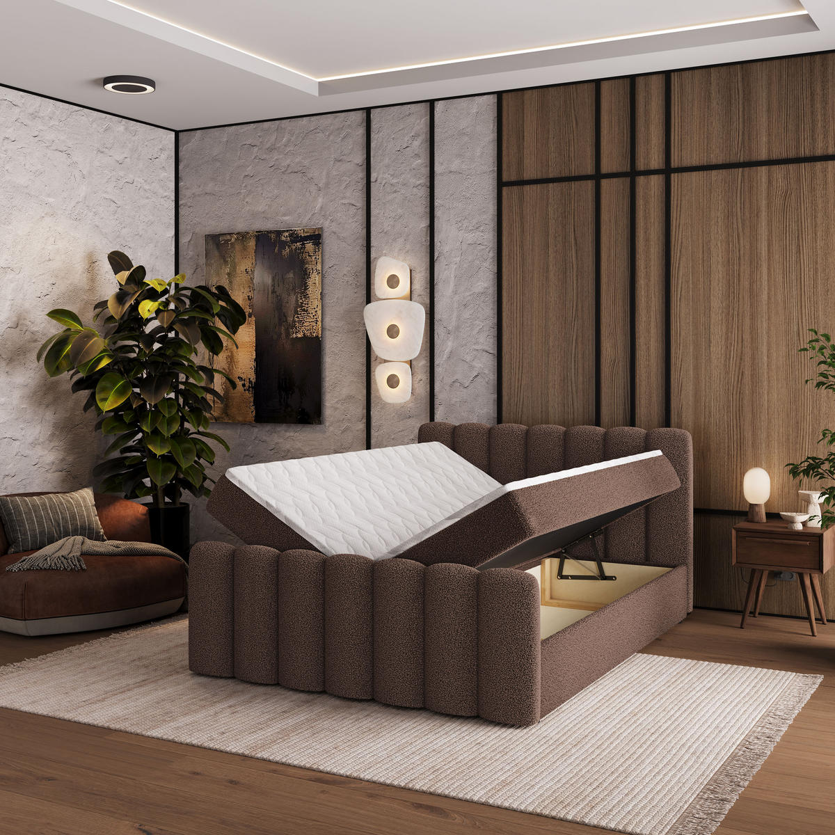 BOXBETT CELLA 140x200 cm mit Matratze und Topper - Braun - Braun, Holz (140/200cm) - MASSENO