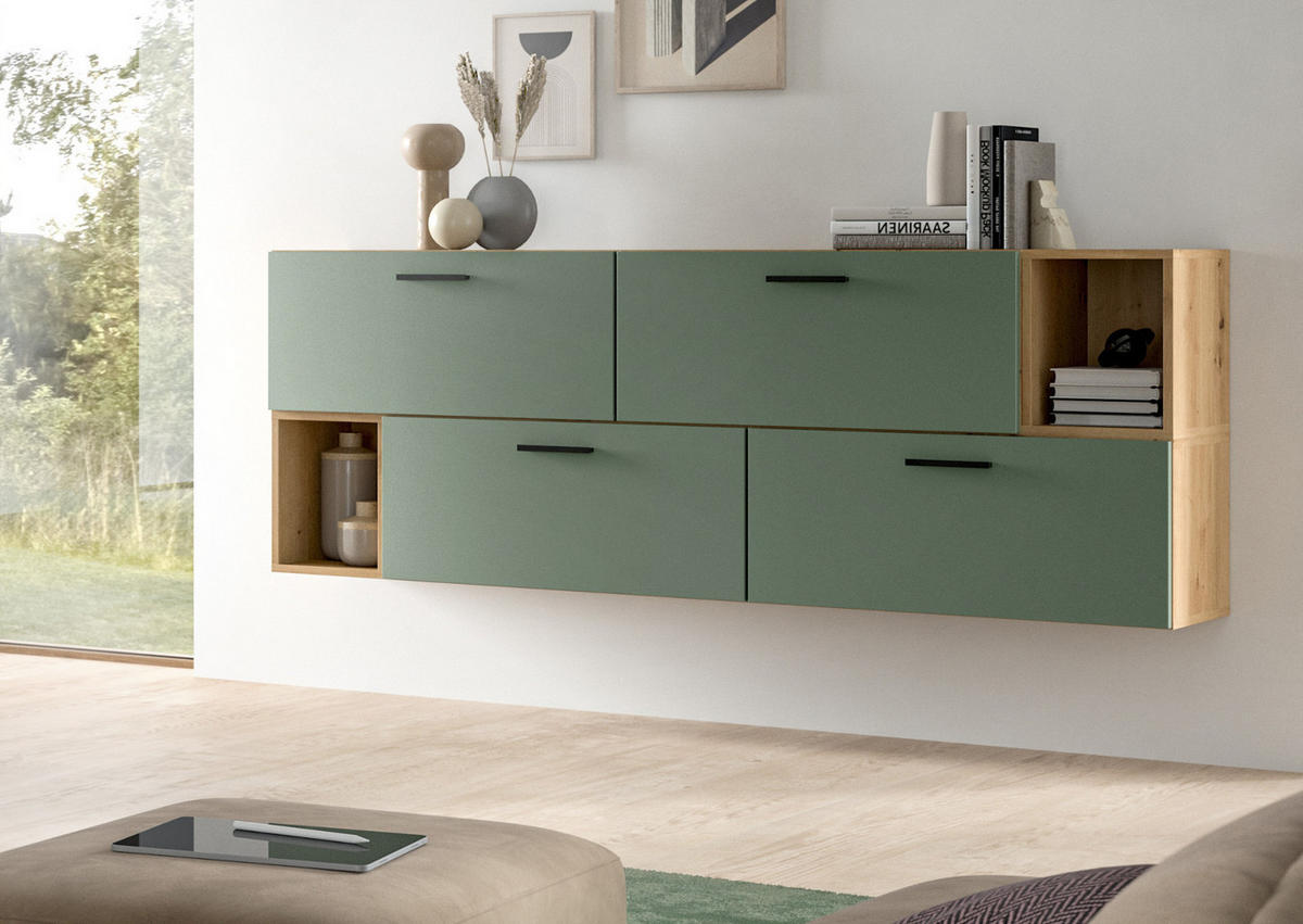 SIDEBOARD grün, Eiche Artisan 176 cm, Kommode hängend / stehend - Schwarz/Eiche Artisan, Holzwerkstoff/Kunststoff (176/65/34cm) - Inn.Furn