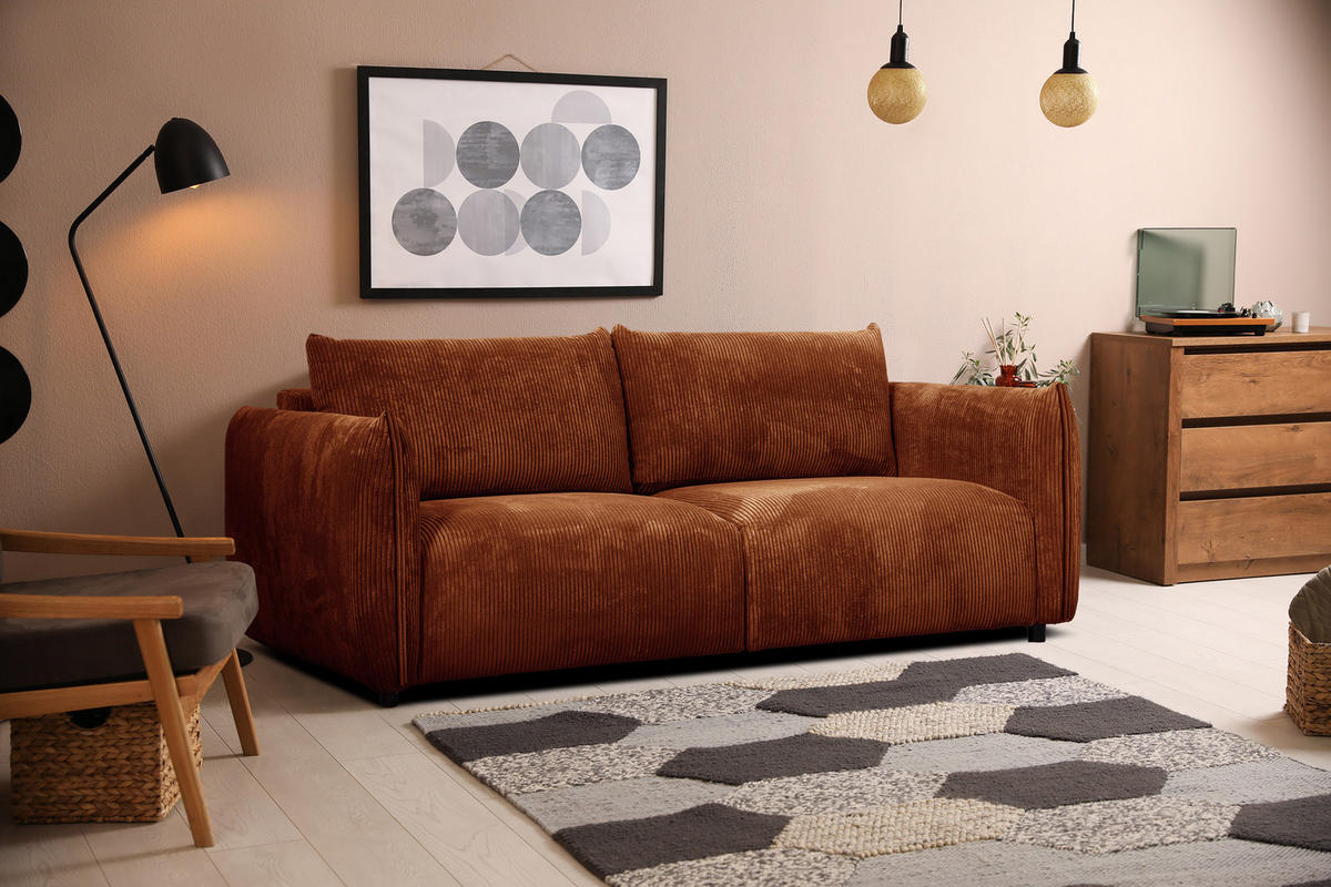 SOFA TAUER 3-Sitzer, orange - Dunkelorange/Schwarz, Holzwerkstoff/Kunststoff (112/84/206cm) - Courtois Laville