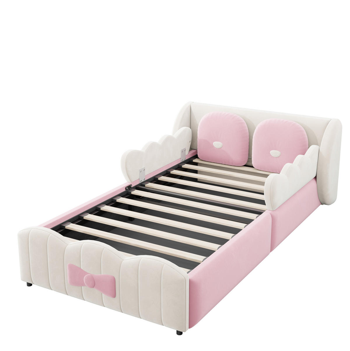 KINDERBETT aus Samt 90x200 cm Beige mit hydraulischem Stauraum und 2 Zierkissen - Beige, Textil (90/200cm) - Modfu