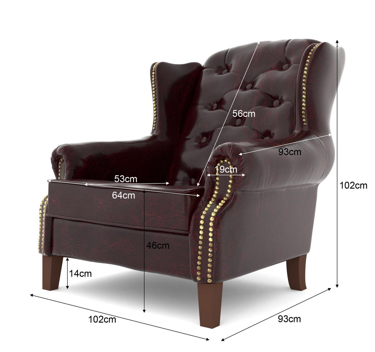 CHESTERFIELD-SESSEL Lento Rotbraun vegan Leder - Bordeaux/Braun, Holz/Textil (102/102/93cm) - S-Style Möbel