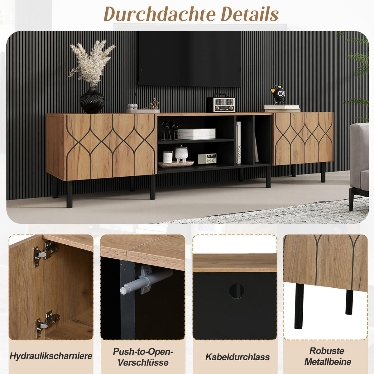 TV-SCHRANK 180/40/50 cm Naturholz/Schwarz mit 2 Türen und 4 Fächern - Schwarz, Holzwerkstoff (180/50/40cm) - Oxeza