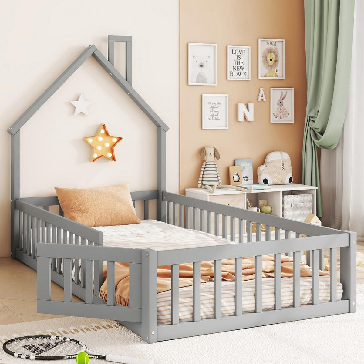 HAUSEBETT 90 x 200 cm mit Lattenrost in Grau - Grau, Holz (90/200cm) - KOMHTOM