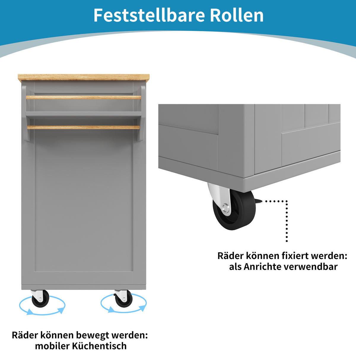 KUHINJSKI otok 102/45/92 cm z nastavljivimi predelki in kolesi, MDF, Siva - siva, leseni material (102/92/45cm) - Redom