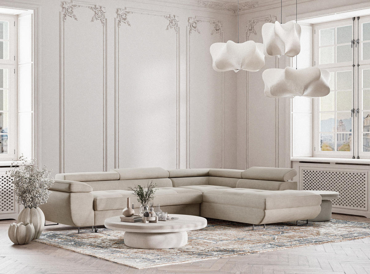 ECKSOFA Concord Beige Chenille-Stoff - Rechts Seite - Beige/Schwarz, Holz/Holzwerkstoff (277/203cm) - Maison de Reve