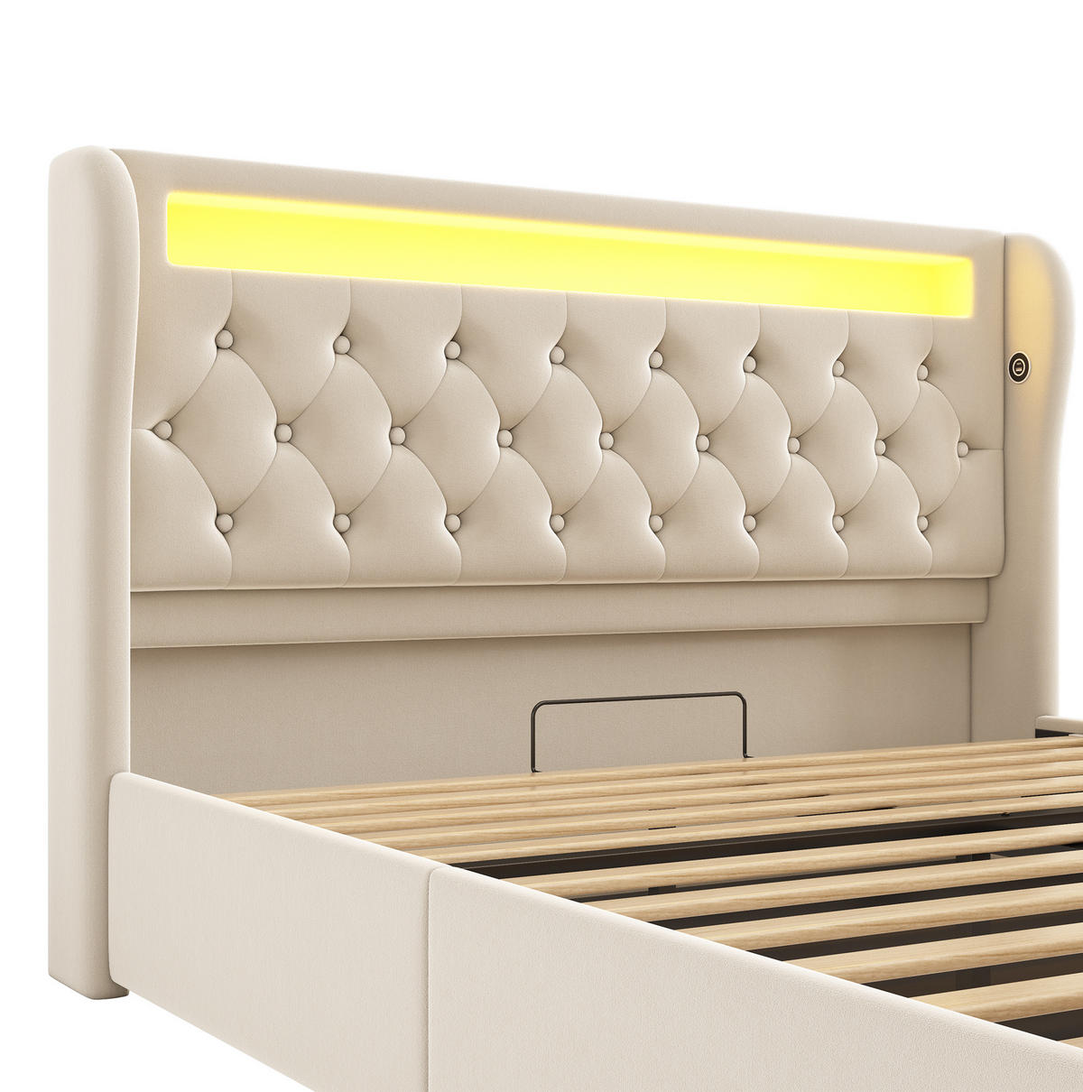 POLSTERBETT aus Samt 140x190 cm Beige mit LED-Beleuchtung, USB-/Typ-C-Anschlüssen und Bettkasten - Beige, Textil (140/190cm) - IVMEU