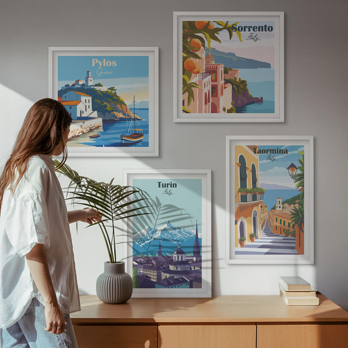 BILDER SET 4er Set - 50x50 cm & 40x60 cm Weißer Rahmen - Farbenfrohe Illustrationen von Retro-Städten - Weiß, Kunststoff (50/50cm) - TULUP