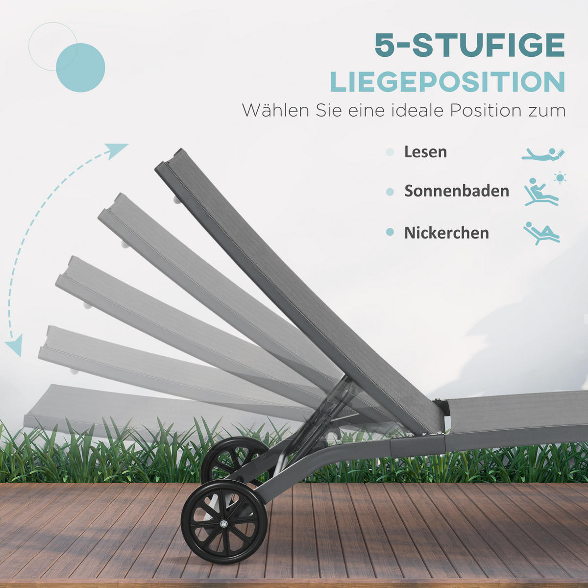 RELAXLIEGE mit verstellbarer Rückenlehne, 195 x 165 x 102 cm, Polyester, Blau - Blau, Kunststoff (165/102/66cm) - Outsunny
