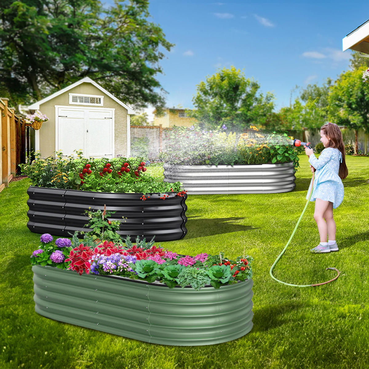 HOCHBEET Pflanzkasten mit Pflanzenstütze aus verzinktem Stahl in verzinkten Hellgrün Ovalen Blumenkasten für Garten Balkon 160 × 80 × 42 cm 8,3 kg - Grün, Metall (80/42/160cm) - Livingandhome