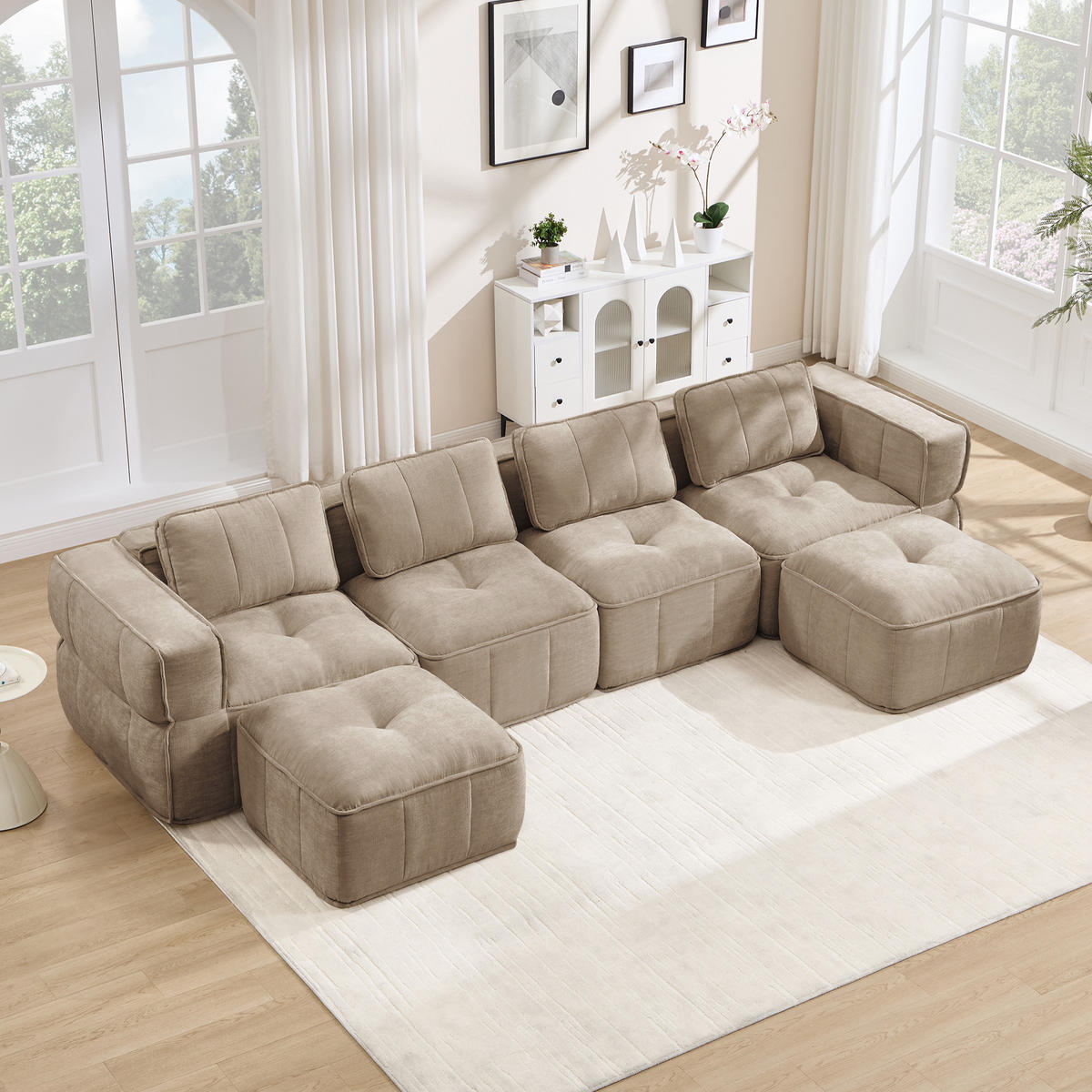 WOHNLANDSCHAFT DE-34428 4-Sitzer U-Form mit 2 Hockern Sand - Sandfarben, Textil (162/67/344cm) - ComfortXL