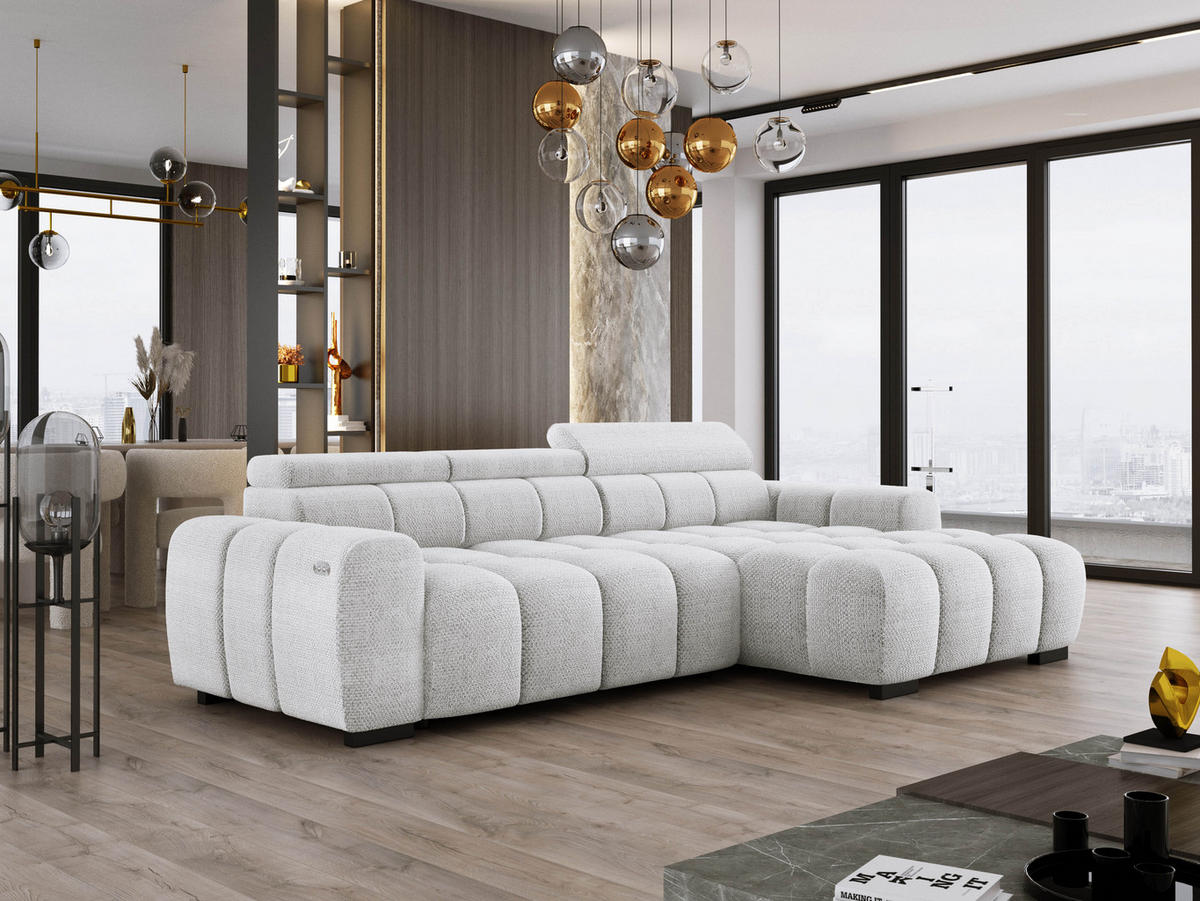 ECKSOFA OMBO 285x168x77/97 cm, Rechts, Schlaffunktion, elektr. Sitz, Kopfstützen, hydrophober EDEN-Stoff – Esche - Hellgrau, Holz/Textil (285/168cm) - DomoHome