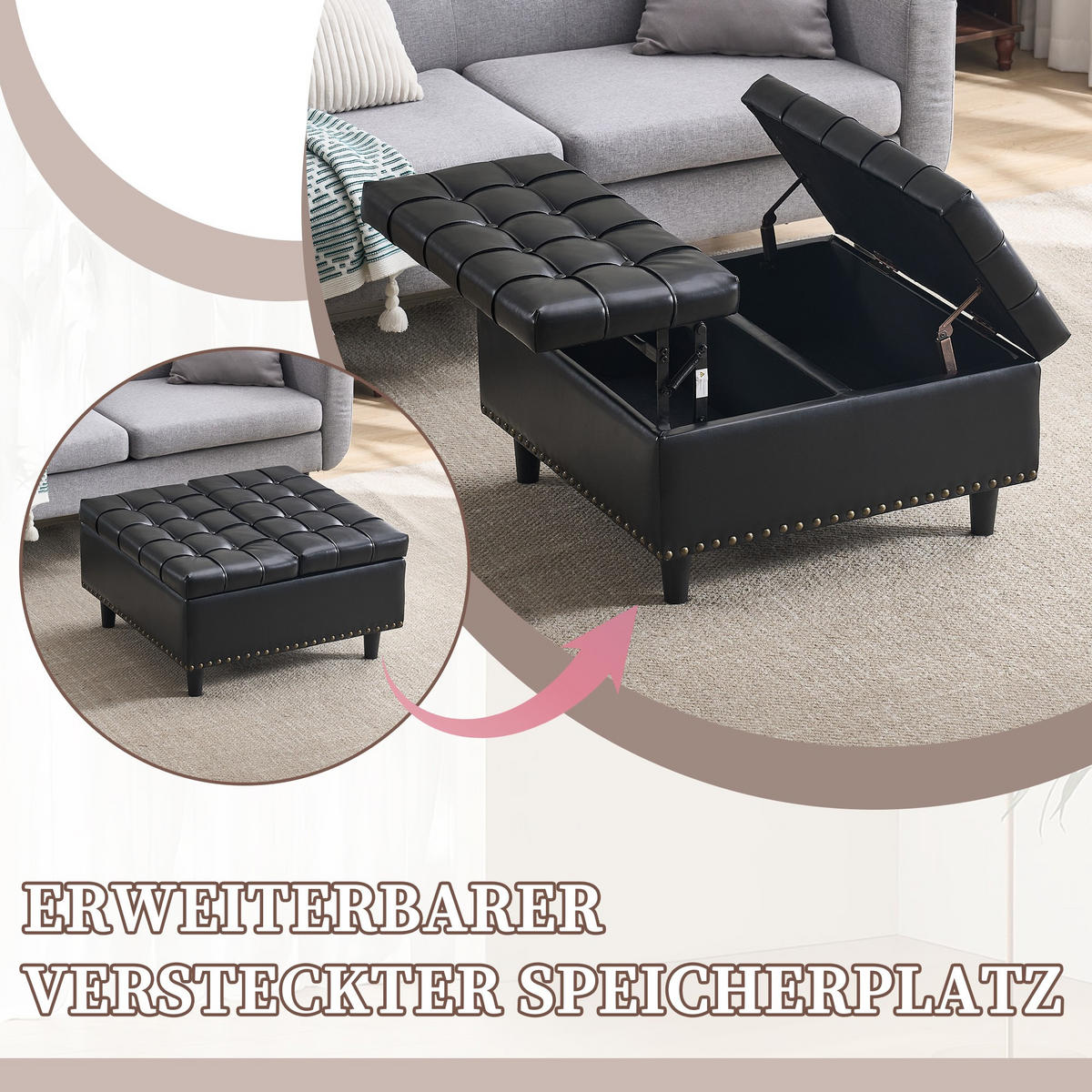 HOCKER Couchtisch,Aufbewahrungsstuhl,höhenverstellbar,PU-Leder,Schwarz - Schwarz, Metall (75/41/75cm) - LVHOM