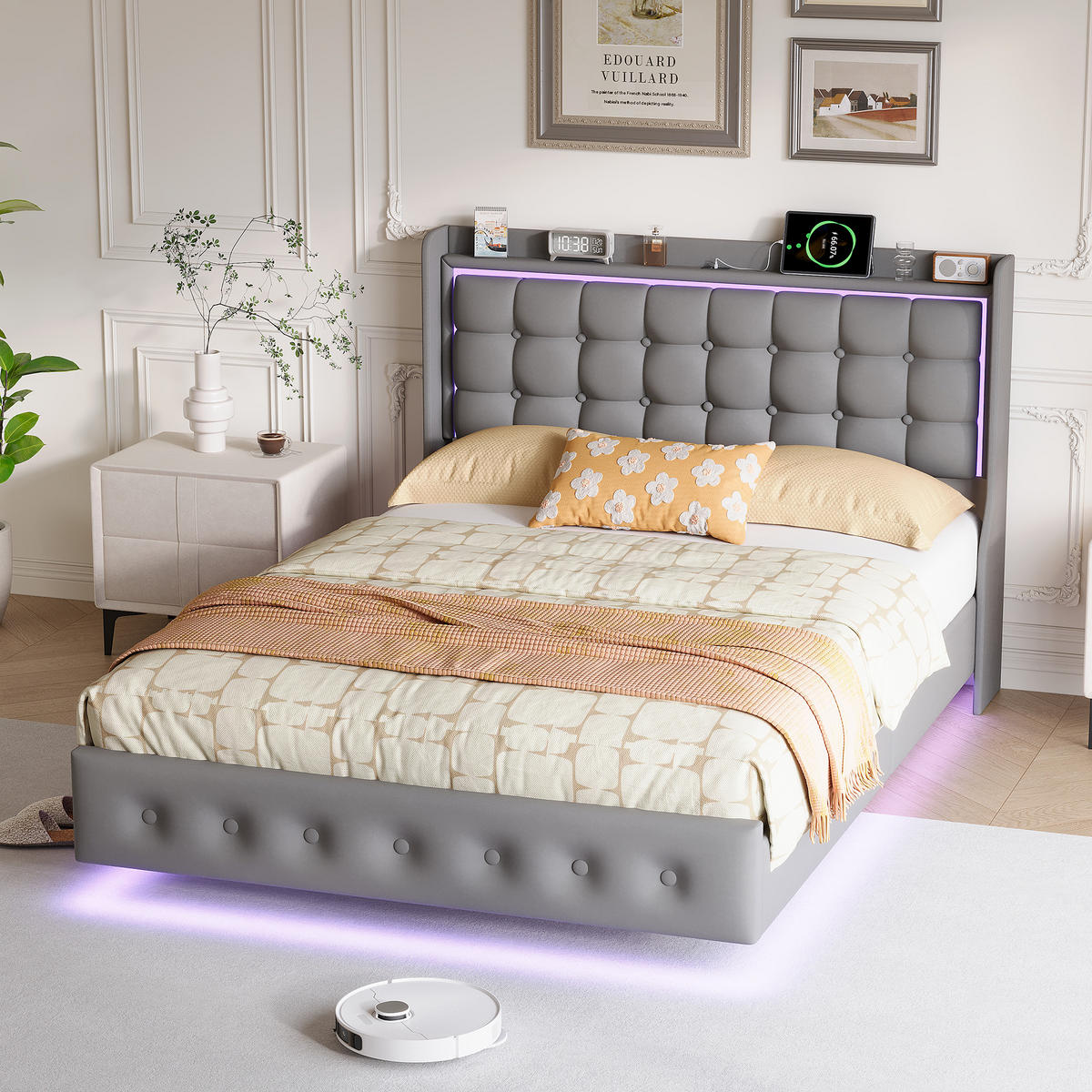 POLSTERBETT 140x200 Dunkelgrau Samt, schwebend, RGB-LED, USB-C Ladestation - Dunkelgrau, Holz/Wellpappe (160/200cm) - SHOPENTRA
