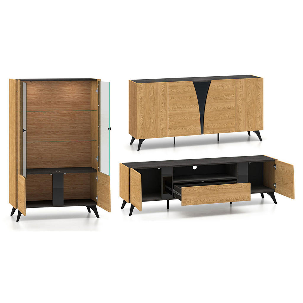 Thumbnail - Feldmann-Wohnen Wohnzimmer-Set, Braun, Schwarz, Holz, 1 Schubladen, Rechteckig, 445x152x40 cm, Wohnzimmer, Wohnwände, An...