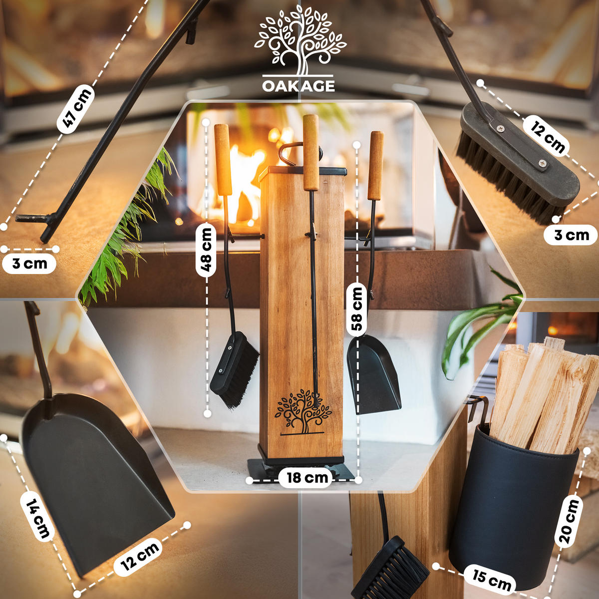 KAMINBESTECK LuxeLeather mit Zündholzkorb aus veganem Leder - Schwarz, Holz/Kunststoff (18/58/18cm) - OAKAGE