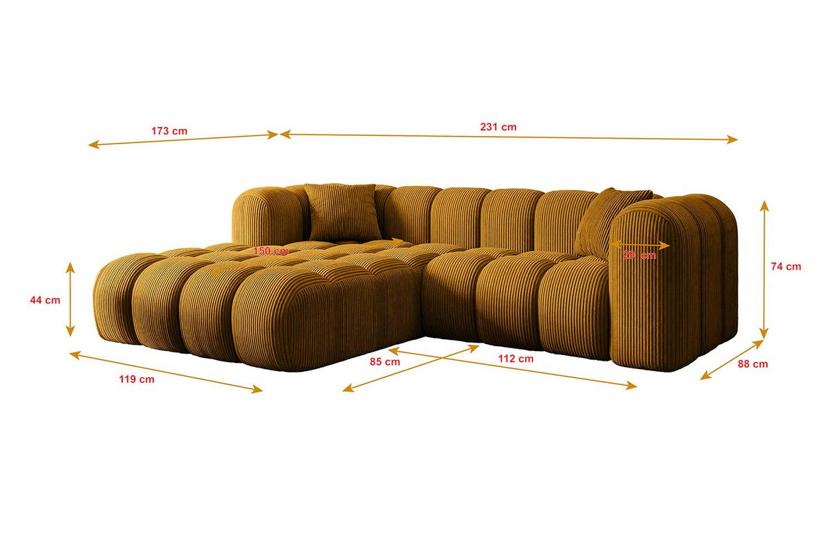 ECKSOFA Ottomane Rechts OLEA-L1 - 231x173x74 cm Senfgelb Cord - Gelb/Schwarz, Holzwerkstoff/Kunststoff (231/173cm) - ALTDECOR