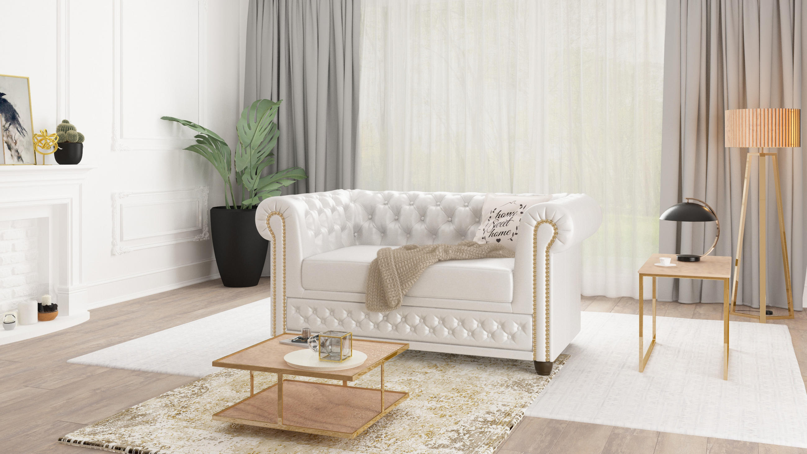 CHESTERFIELD-SOFA 2-sitzer Morin Weiß vegan Leder - Braun/Weiß, Holz/Textil (148/72/86cm) - S-Style Möbel