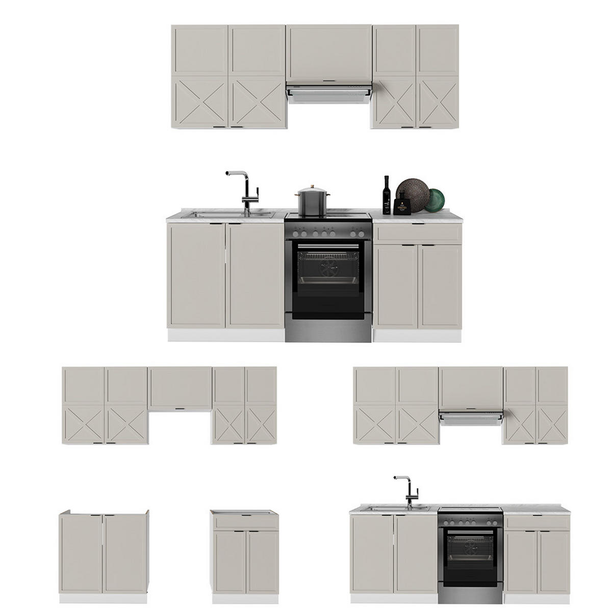 KÜCHENZEILE Fame-Line GrauBeige/Weiß 200 cm ohne AP - Weiß/Grau, Holzwerkstoff (200/81.6/46cm) - Vicco