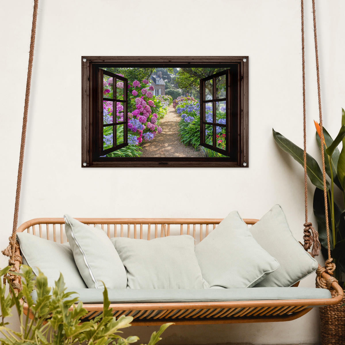 ZAHRADNÍ PLAKÁT Hortenzie - Průhledné - Květiny - Fialové - Příroda - Tmavě hnědé okno 90x60 cm - tmavě hnědá, plast (90/60/0.2cm) - OnlyWow