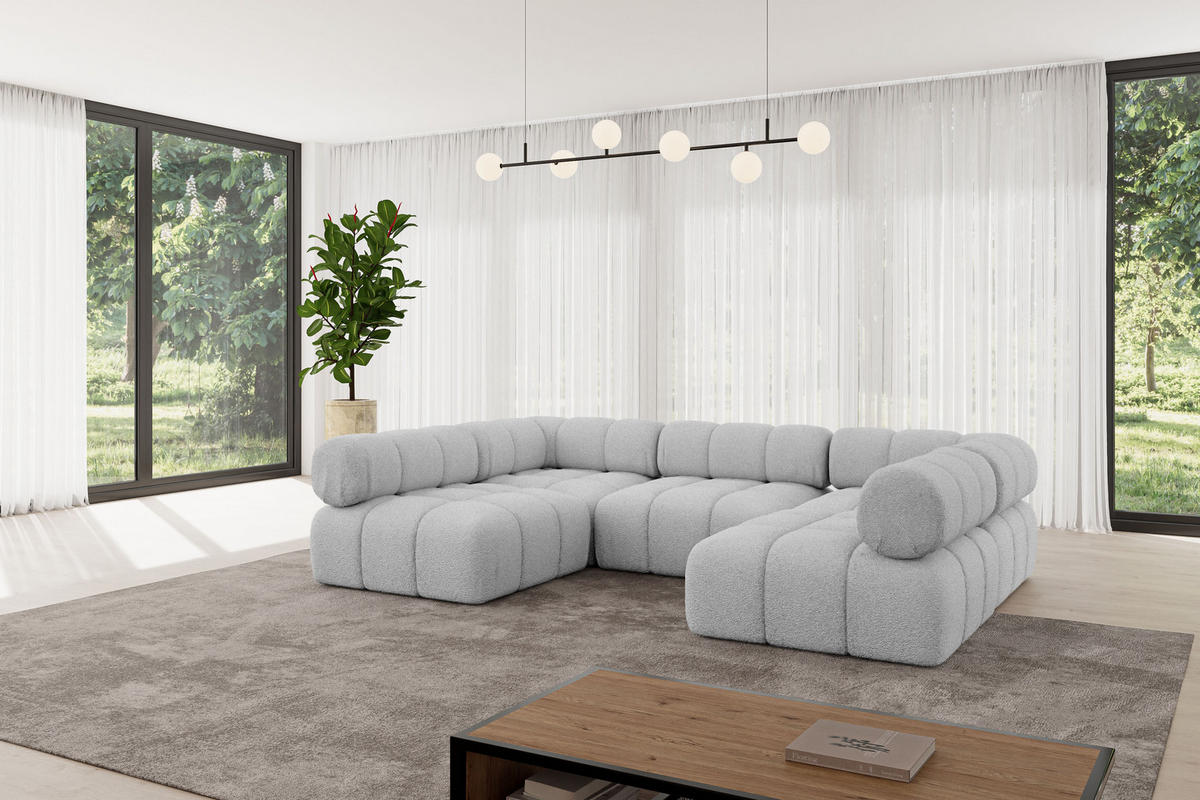 WOHNLANDSCHAFT modulares Sofa Garvo-U1 - 285x190x70 cm Hellgrau Bouclé - Hellgrau, Holzwerkstoff/Textil (285/70/190cm) - ALTDECOR