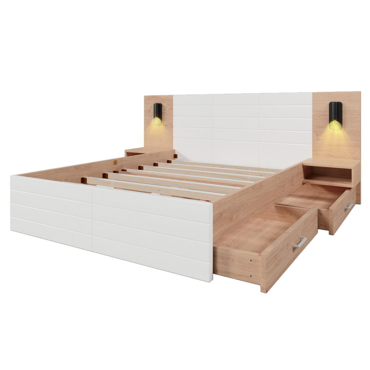 BETT 140/200 cm mit Kopfteil, 2 Schubladen, USB & Leselicht, inkl. Lattenrost - Weiß, Holzwerkstoff (140/200cm) - BEAOK