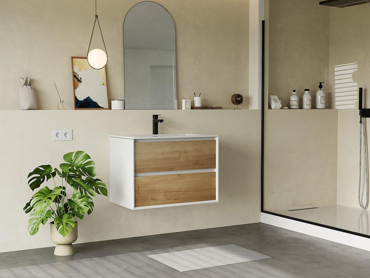 WASCHBECKENUNTERSCHRANK hängend - Holzfarben & Weiß - 80 cm - LANNICK - Naturfarben, Holz (80/55/45.6cm) - Vente-Unique