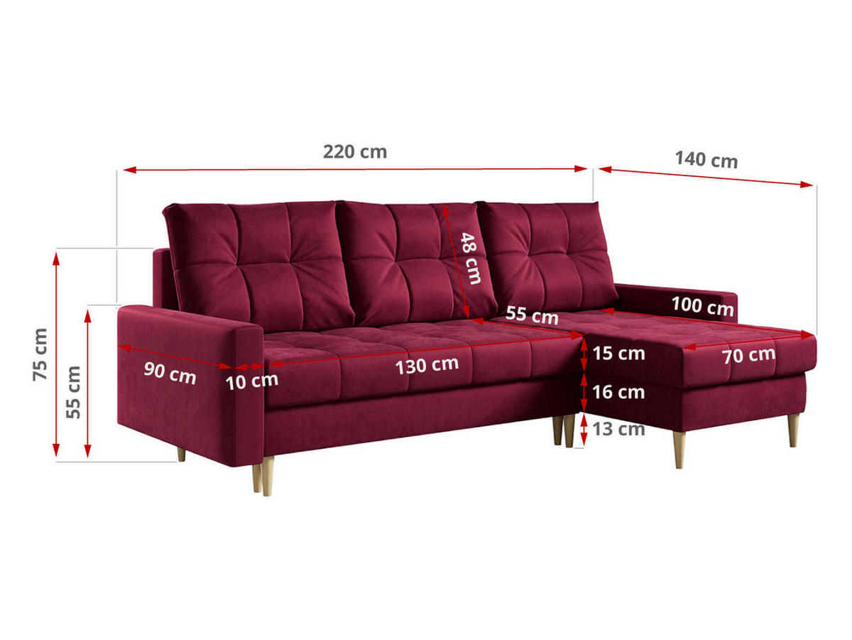 ECKSOFA Astra Rot Velvet - Rot/Braun, Holz/Textil (220/140cm) - MKS