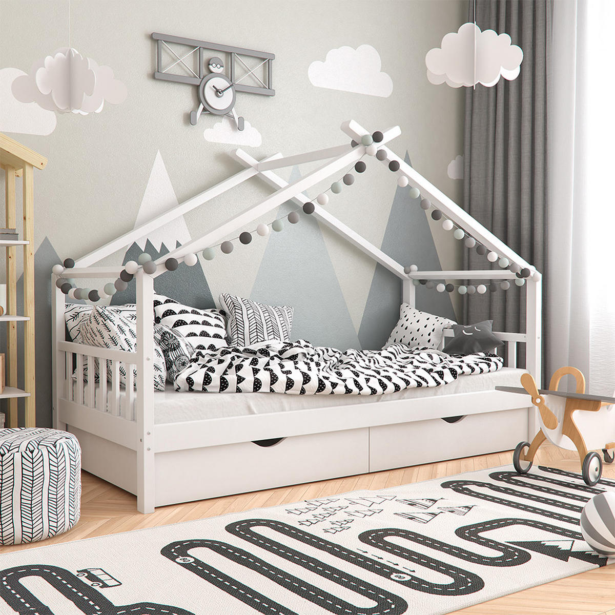 HAUSBETT Design Weiß 90x200 cm mit 2 Schubladen und Matratze - Weiß, Holz (90/200cm) - VitaliSpa
