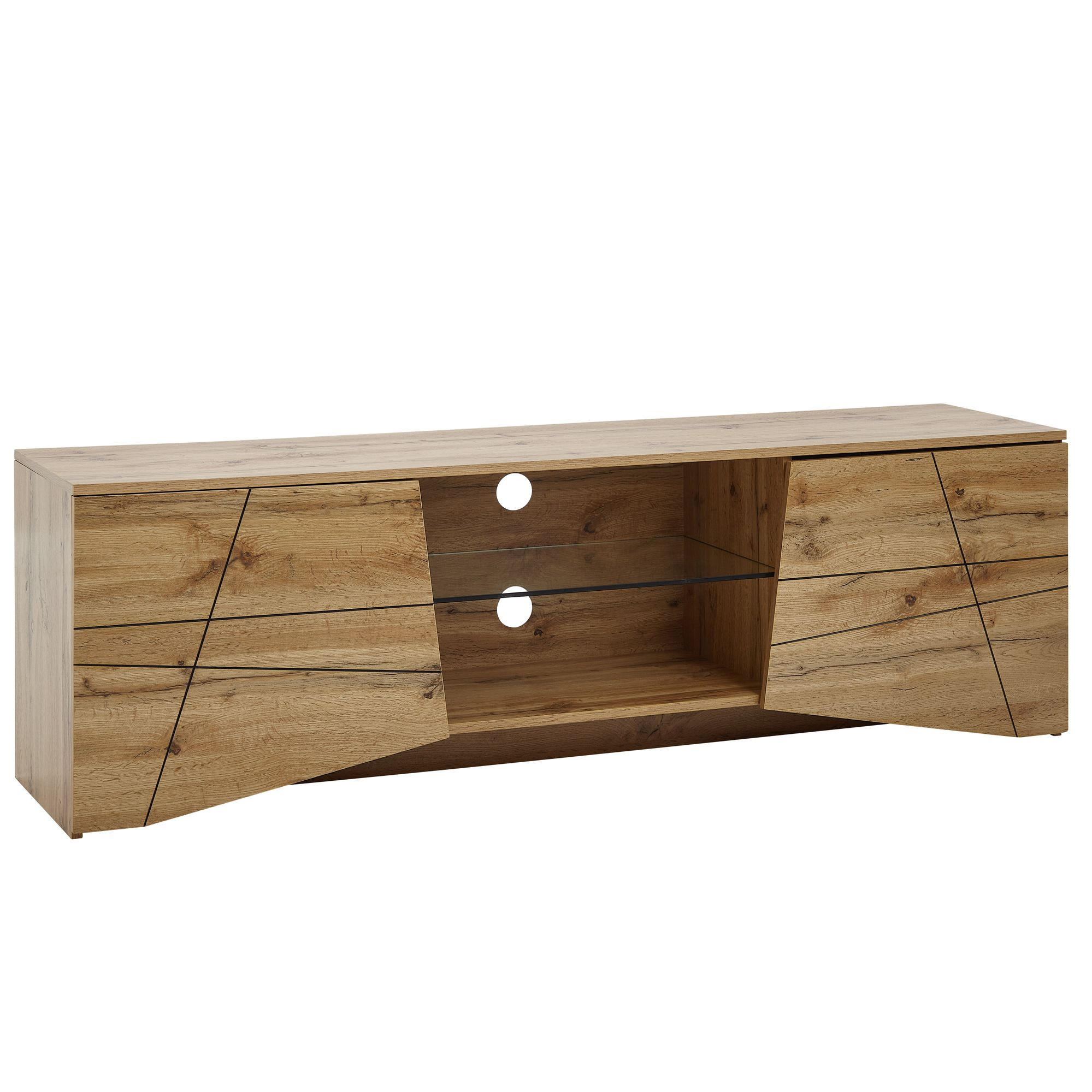 LOWBOARD Eiche-Dekor Modern Stil für 70-Zoll Fernseher mit Glasablage - Braun, Holz (160/50/40cm) - KADIMA DESIGN