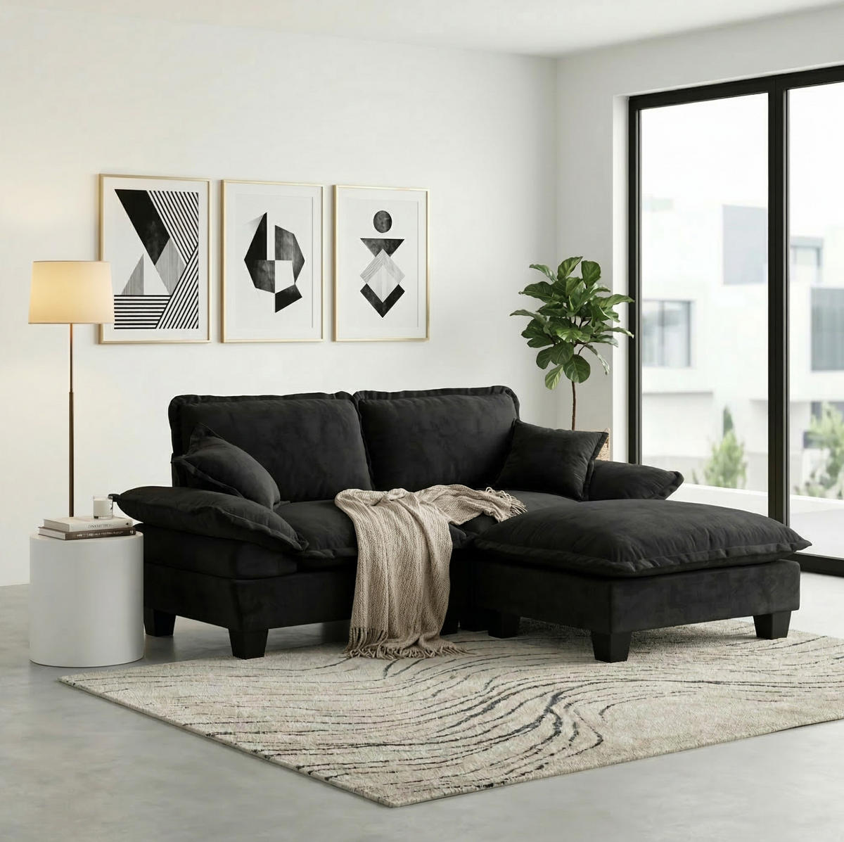 ECKSOFA aus Chenille 194x155x90 cm in Schwarz mit Ottomanen-Modul - Schwarz, Textil (155/90/194cm) - Modfu