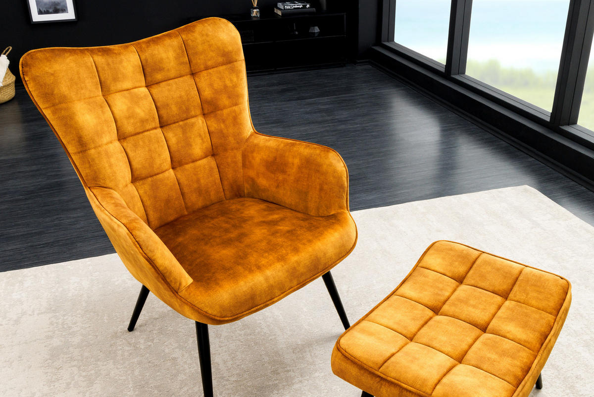 SESSEL SCANDINAVIA Samt Senfgelb 100 cm - Gelb/Schwarz, Textil/Metall (72/98/79cm) - riess-ambiente