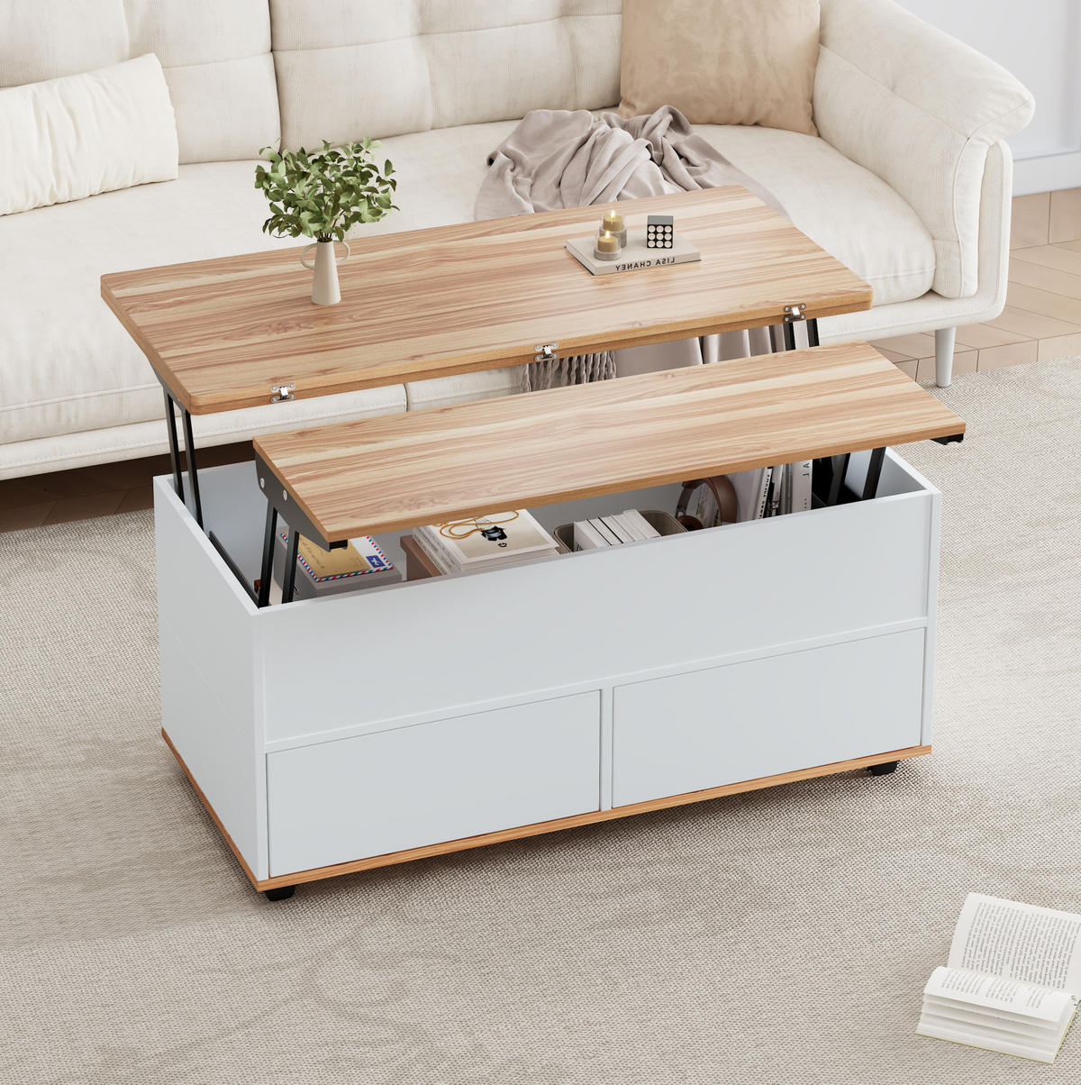 COUCHTISCH 100/98/65 cm höhenverstellbar mit Stauraum und Rollen - Weiß, Holzwerkstoff (100/98/65cm) - Flora Grace