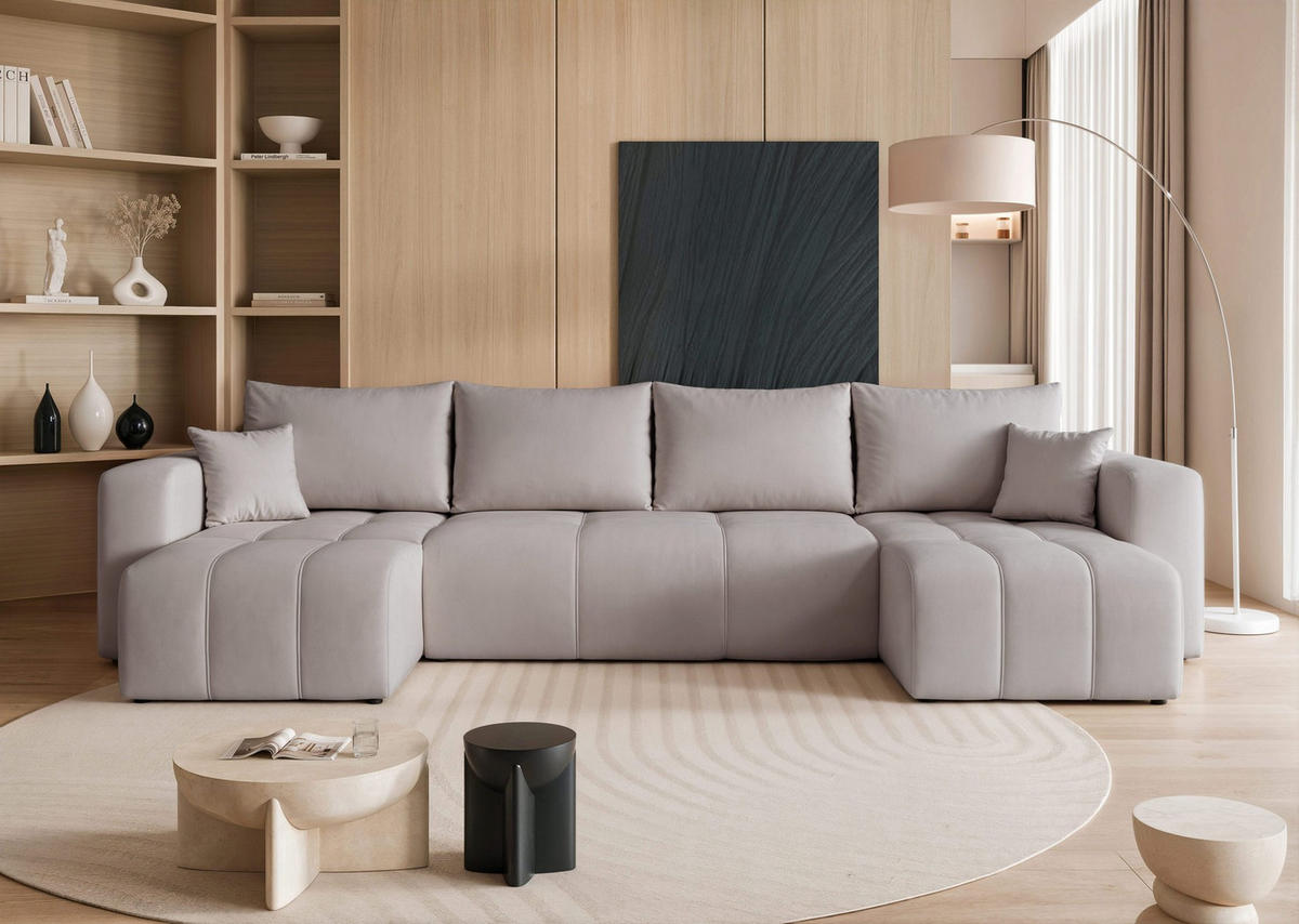 WOHNLANDSCHAFT U-Form Velours mit Bettkasten und Schlaffunktion - Grau, Holzwerkstoff/Textil (318/79/145cm) - Idohome