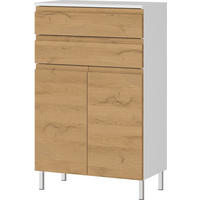 BADSCHRANK Weiß und Eiche Grandson 60x97x34 cm mit Schubladen, Chromfüßen und griffloser Front VEER - Weiß, Holz/Metall (60/97/34cm) - KADIMA DESIGN
