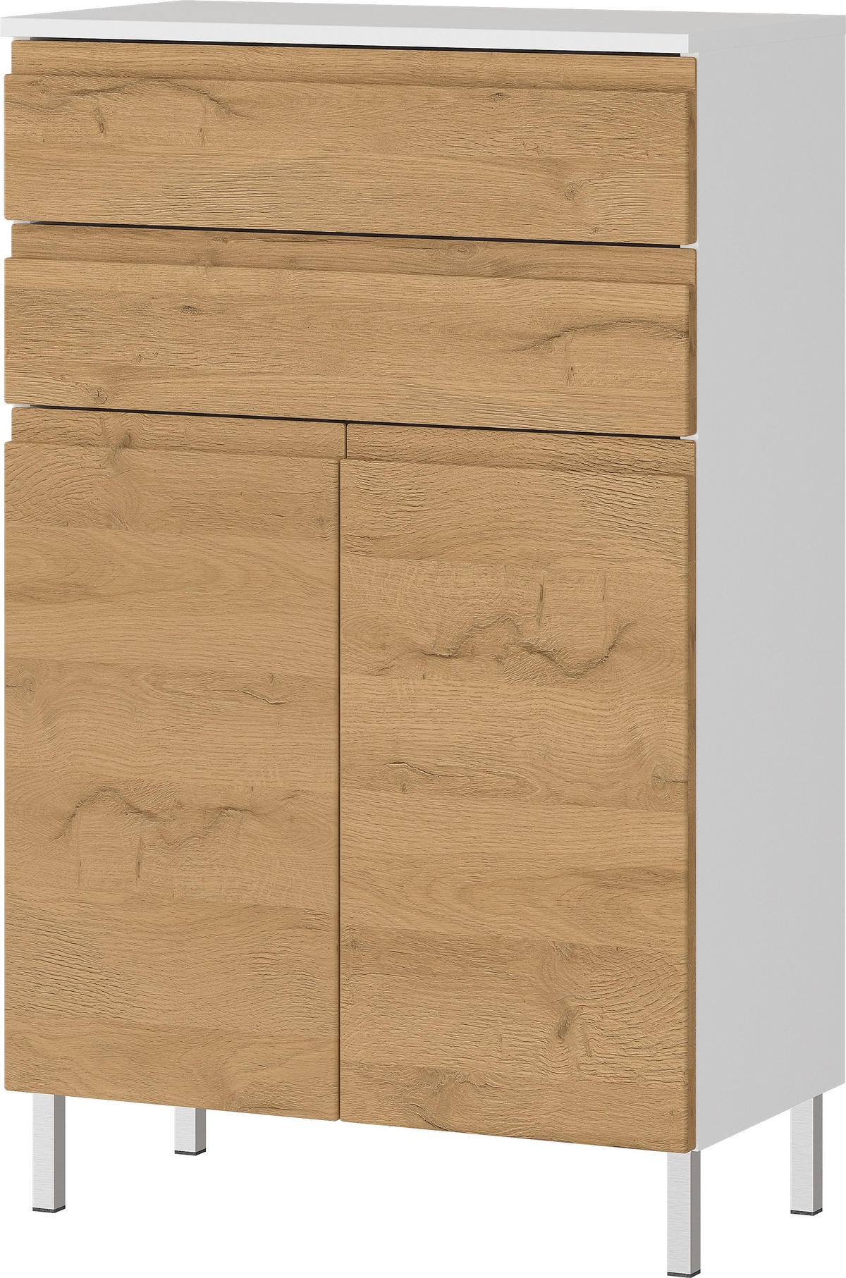 BADSCHRANK Weiß und Eiche Grandson 60x97x34 cm mit Schubladen, Chromfüßen und griffloser Front VEER - Weiß, Holz/Metall (60/97/34cm) - KADIMA DESIGN