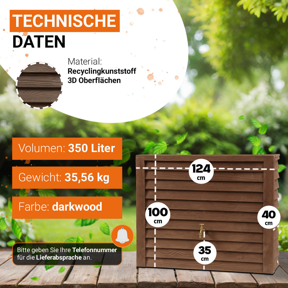Y Wandtank Komplett-Set 350 L dark inkl. Messing-Auslaufhahn und Fallrohranschluss - Dunkelbraun, Kunststoff (40/100/124cm) - GARANTIA