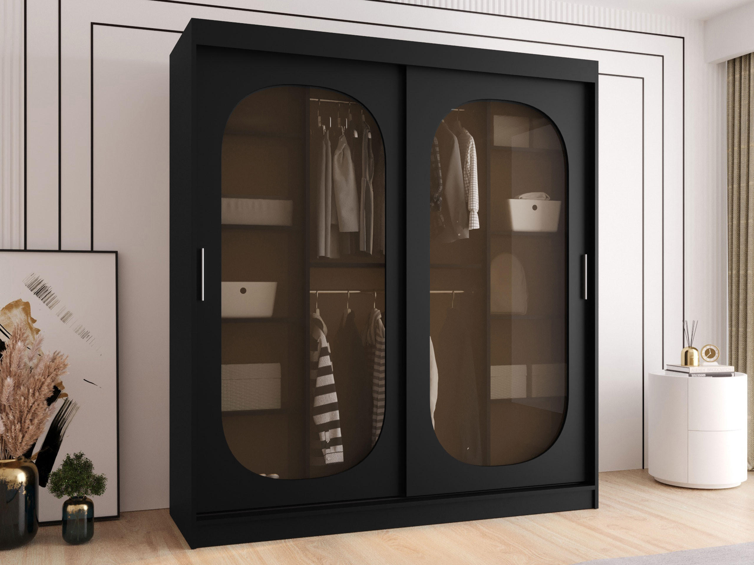 SCHWEBETÜRENSCHRANK Bahrajn 180 - Silberfarben/Schwarz, Holzwerkstoff/Kunststoff (180/200/62cm) - MIRJAN24