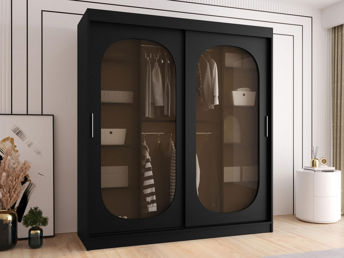 SCHWEBETÜRENSCHRANK Bahrajn 180 mit Schubladen - Silberfarben/Schwarz, Holzwerkstoff/Kunststoff (180/200/62cm) - MIRJAN24