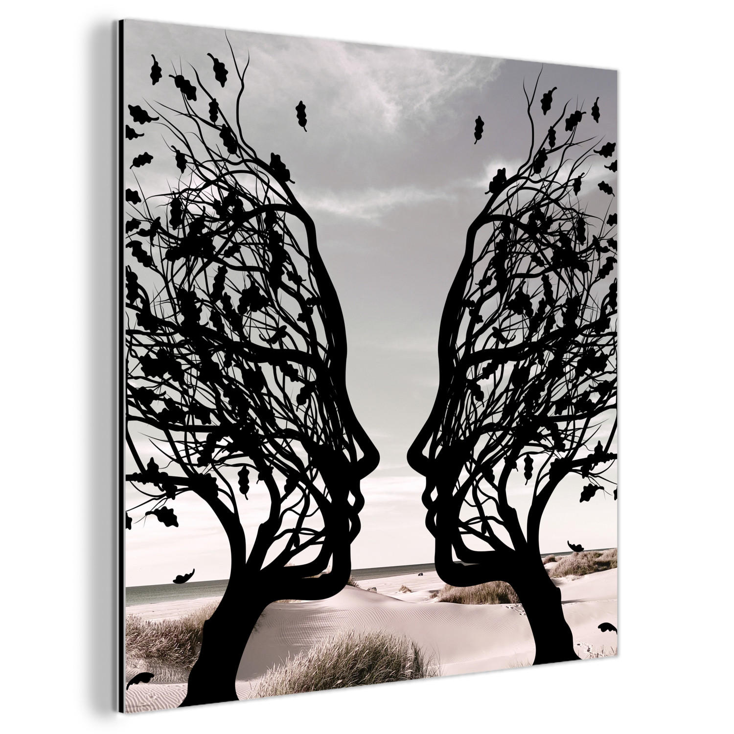 METALLBILD Strand - Meer - Menschen - Baum - Moderne Kunst 20x20 cm - Hellgrau, Metall (20/20cm) - MuchoWow