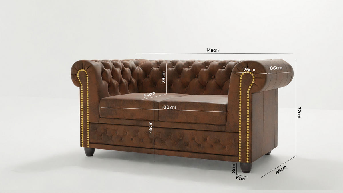 SITZGARNITUR 3+2+1 Chesterfield Flux Braun Microfaser Vintageoptik - Braun, Holz/Textil (203/72/86cm) - S-Style Möbel