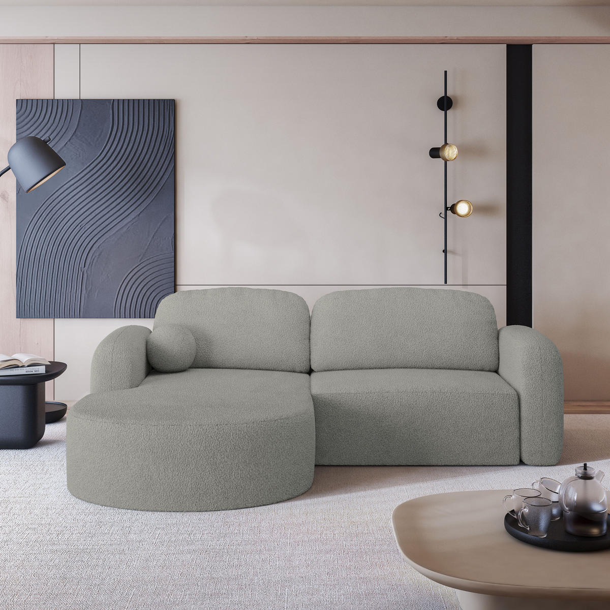 ECKSOFA AMILIA L-S Hellgrau Boucle-Stoff mit Schlaffunktion - Hellgrau, Holz (263/174cm) - MASSENO