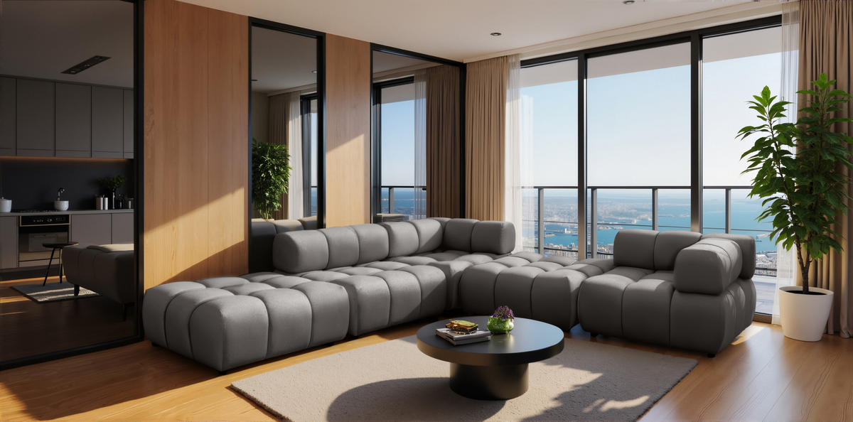 ECKSOFA Corner Modular, Veloursstoff Bluvel, Aschgrau, Links, Bolla - Grau, Holz (288/288cm) - Kaiser Möbel