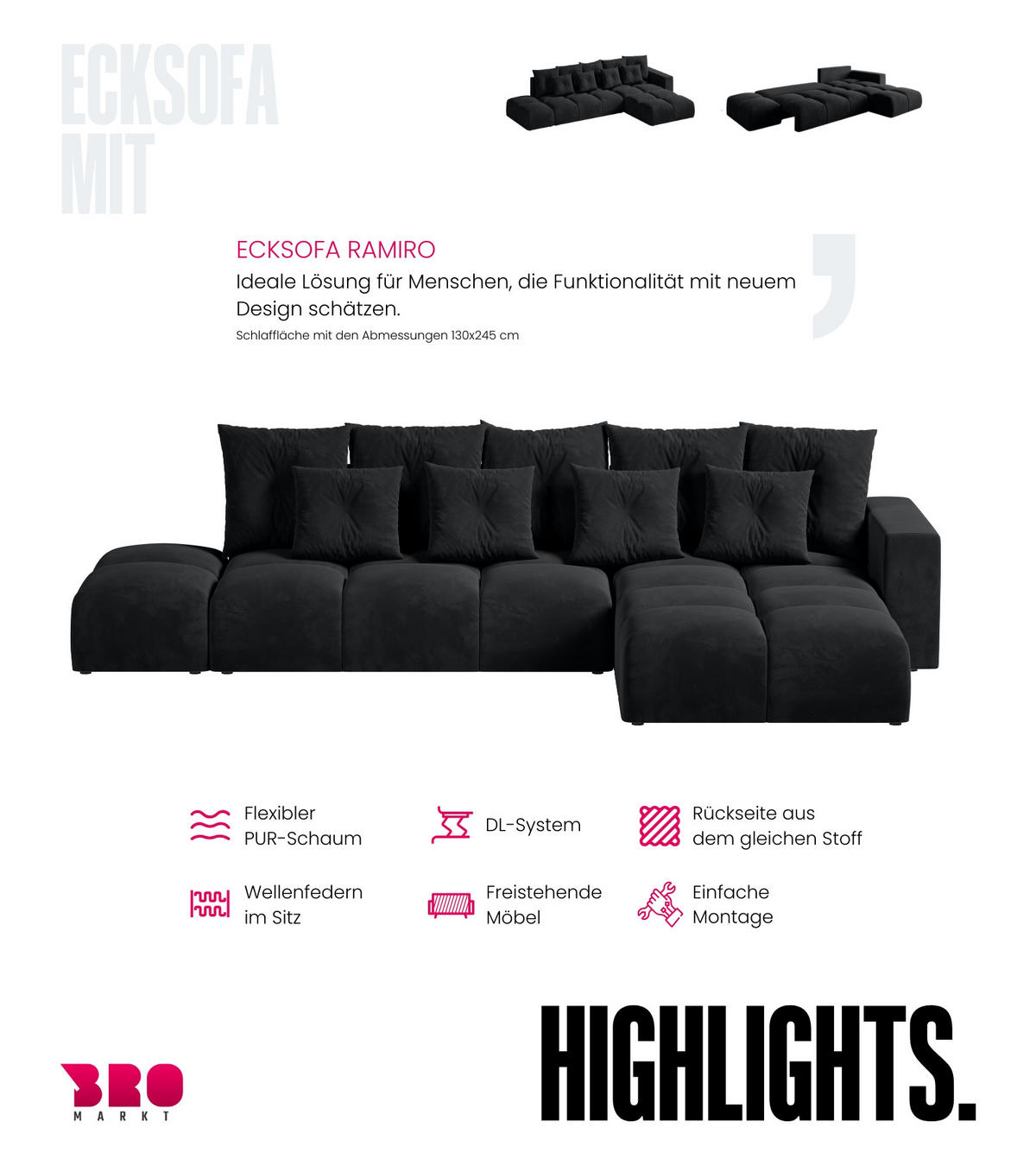 ECKSOFA mit Schlaffunktion RAMIRO Schwarz - Graphitfarben, Textil (325/185cm)