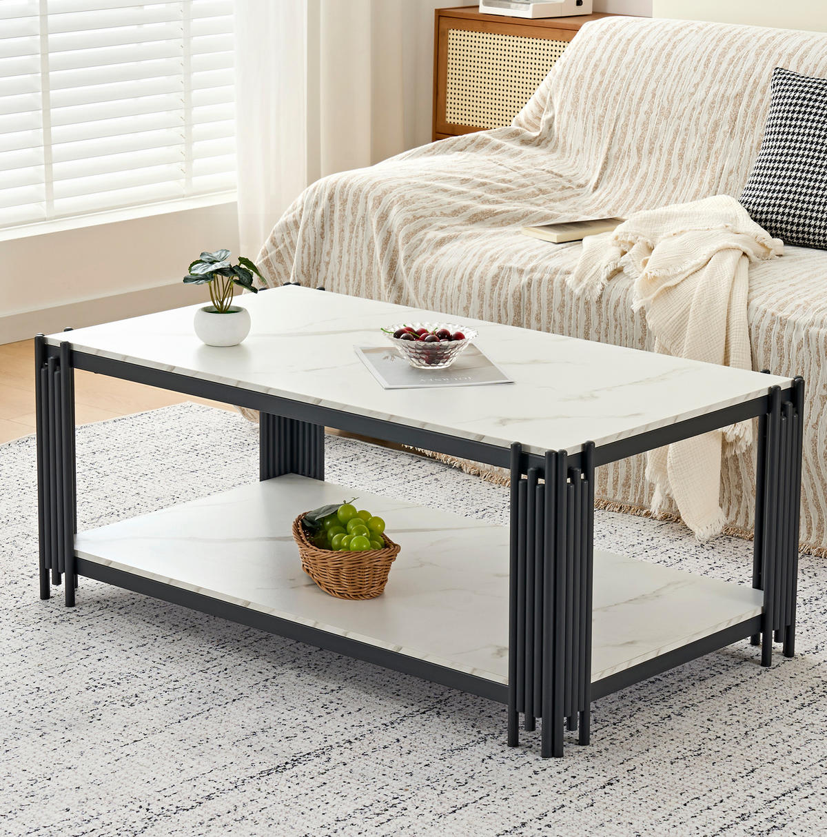 COUCHTISCH 114/64/46 cm weiß/schwarz aus MDF und Metall mit 2 Ablagen - Schwarz, Holzwerkstoff (114/64/46cm) - OKMYHOME