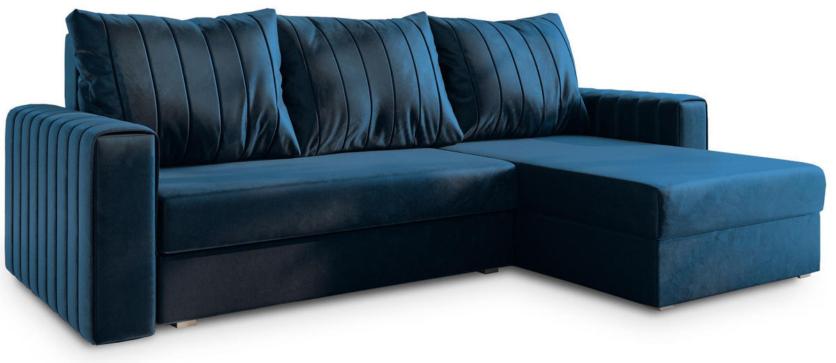 ECKSOFA CARL Blau Plüsch-Stoff mit Schlaffunktion - Blau, Holz (236/150cm) - MASSENO